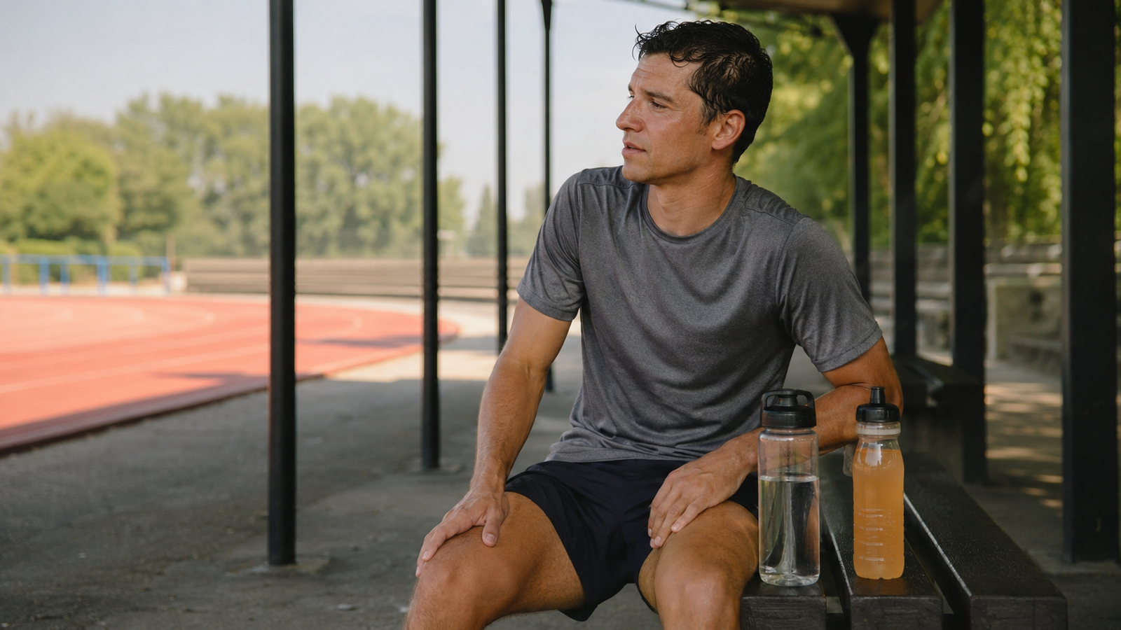 Athlete rests by a track with clear water and an unbranded electrolyte drink.