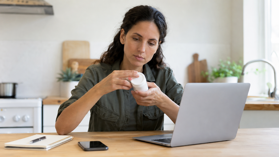 Consumer checks an unbranded supplement bottle against an official recall page on a laptop.