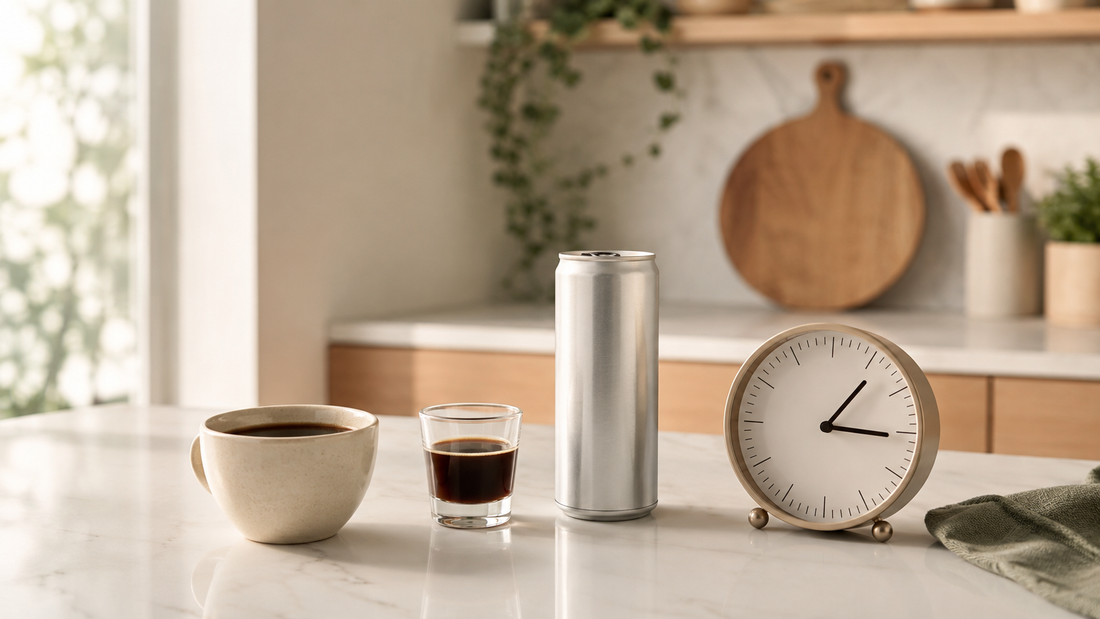Coffee, an unbranded energy drink, and a clock arranged on a sunlit kitchen counter.